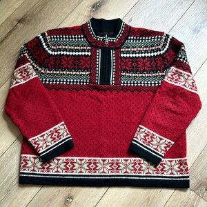 Skyr Red Nordic Fair Isle Pullover Quarter Zip Sweater 100% Wool Womens …